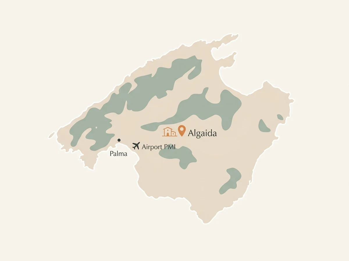 Illustrierte Karte von Mallorca mit der Finca bei Algaida